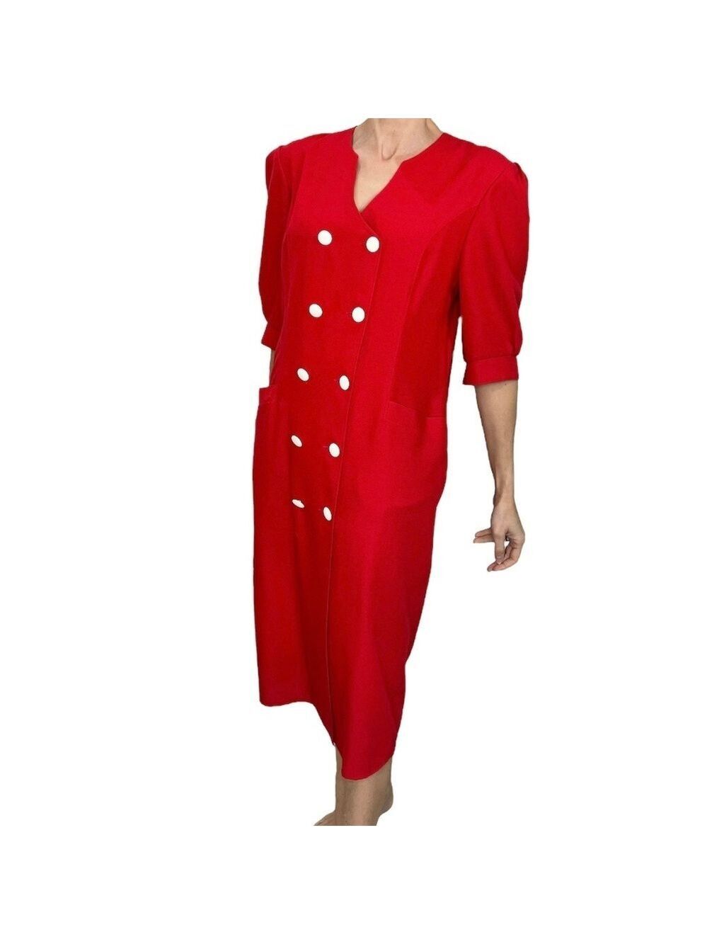 Vintage 80s 90s red double breasted short sleeve blazer midi shift dress 46
